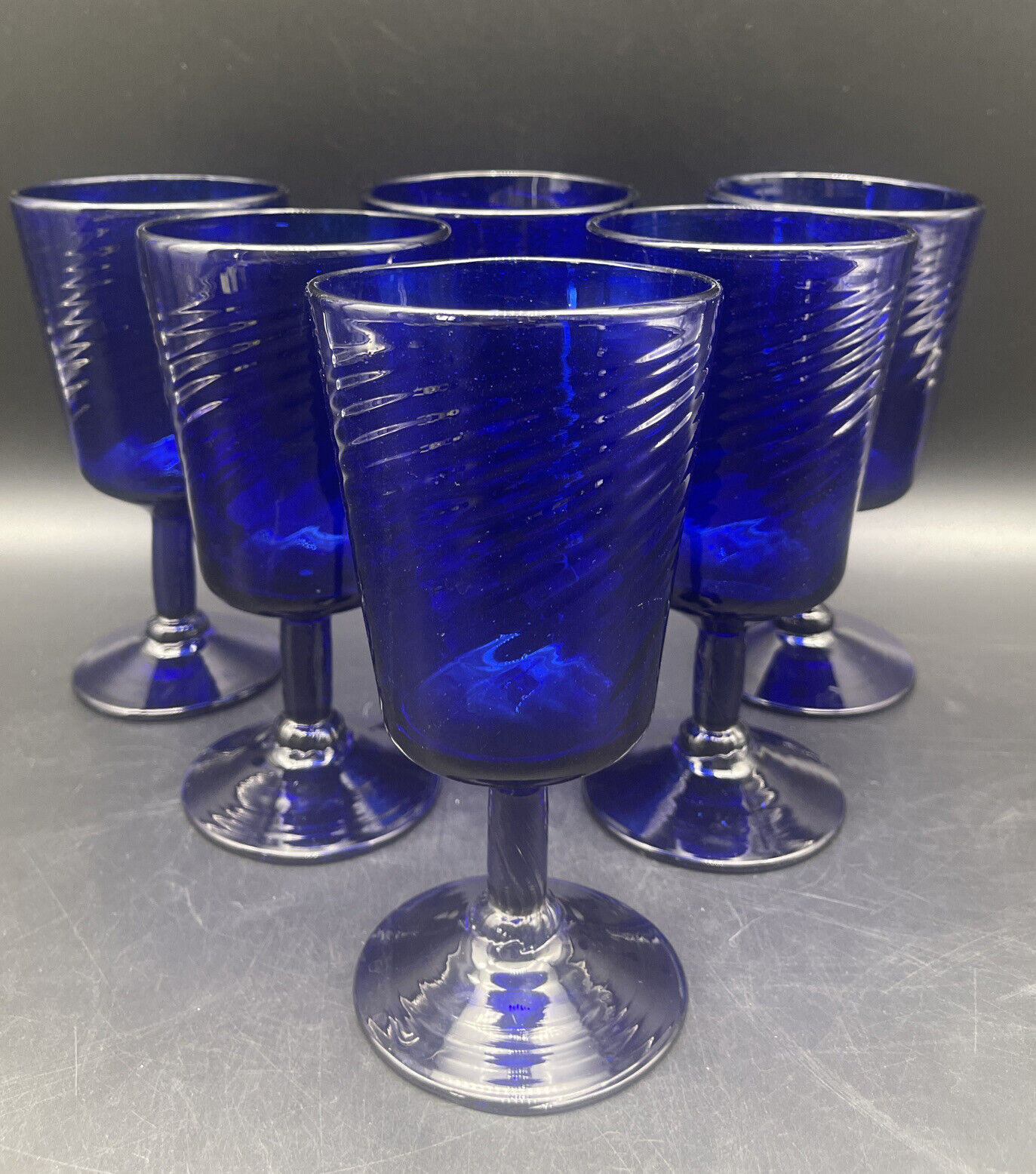 VTG COBALT BLUE w/Swirl Hand Blown Glasses Set of 6 EUC RARE