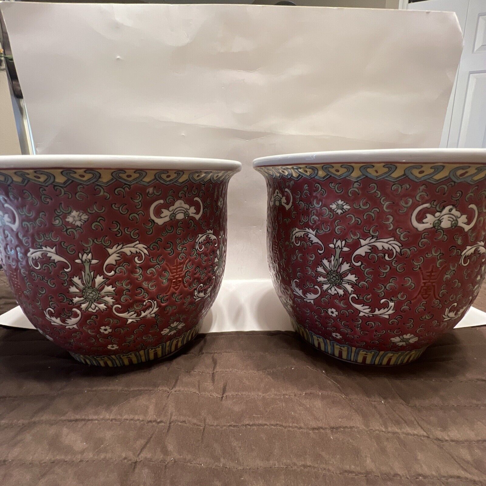Set Of 2 Chinese Red Longevity Character Porcelain Flower Pots Handmade Vtg