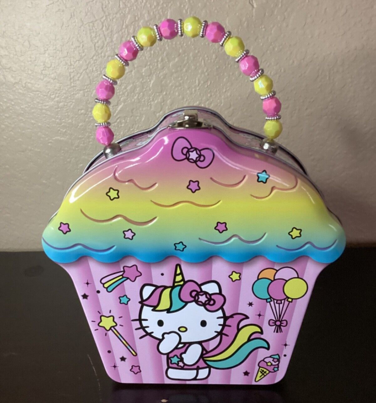 Hello Kitty Unicorn Cupcake Purse Carry All Caddy Lunch Tin Box Rainbow NEW