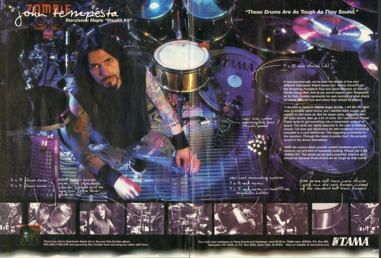 1999 2pg Print Ad of Tama Starclassic Stealth Drum Kit John Tempesta Rob Zombie