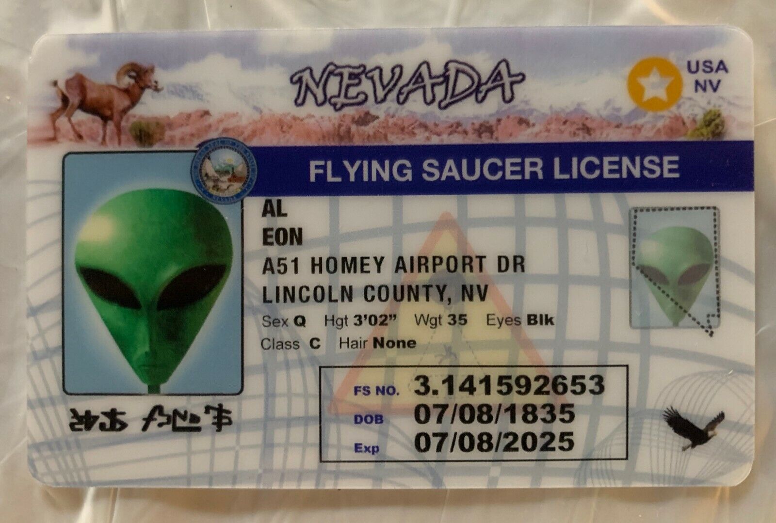 Alien AL Eon Nevada Flying Saucer License ID Card UFO Roswell Area 51 Las Vegas