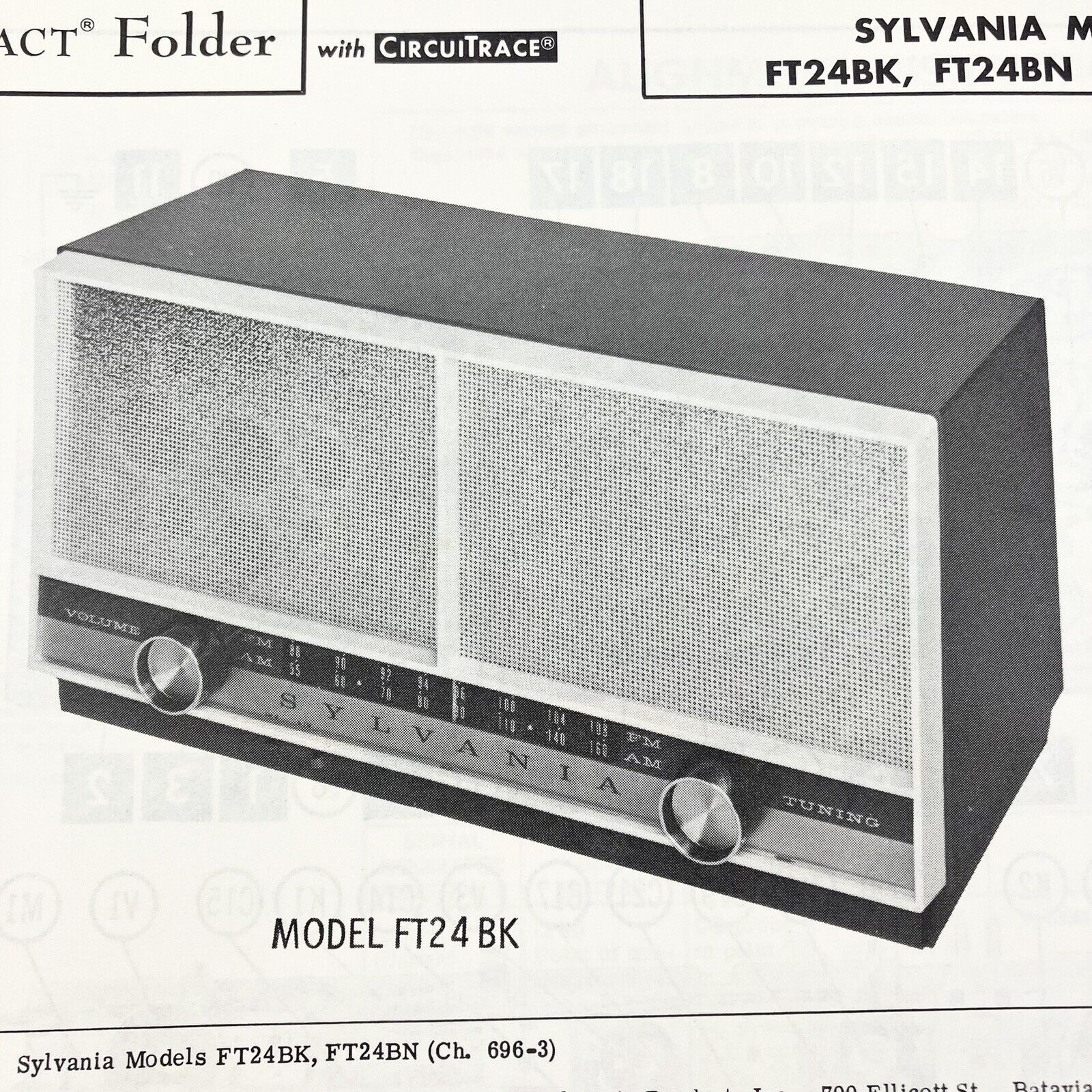 Vintage Original 1963 Sylvania Radio FT24BK, BN Wire Schematic Service Manual