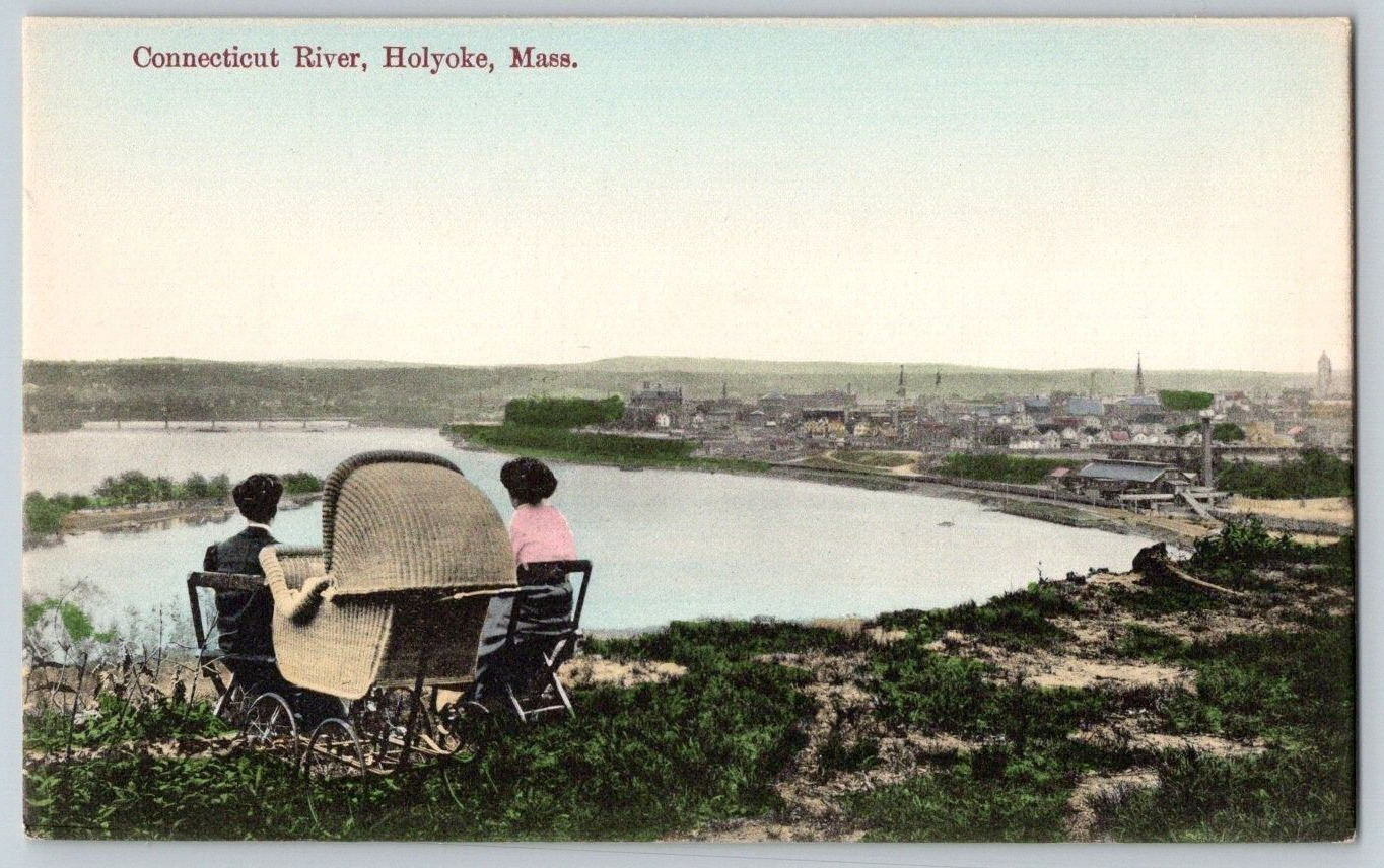 Antique Postcard~ Young Family With Stroller At Connecticut River~ Holyoke, MA