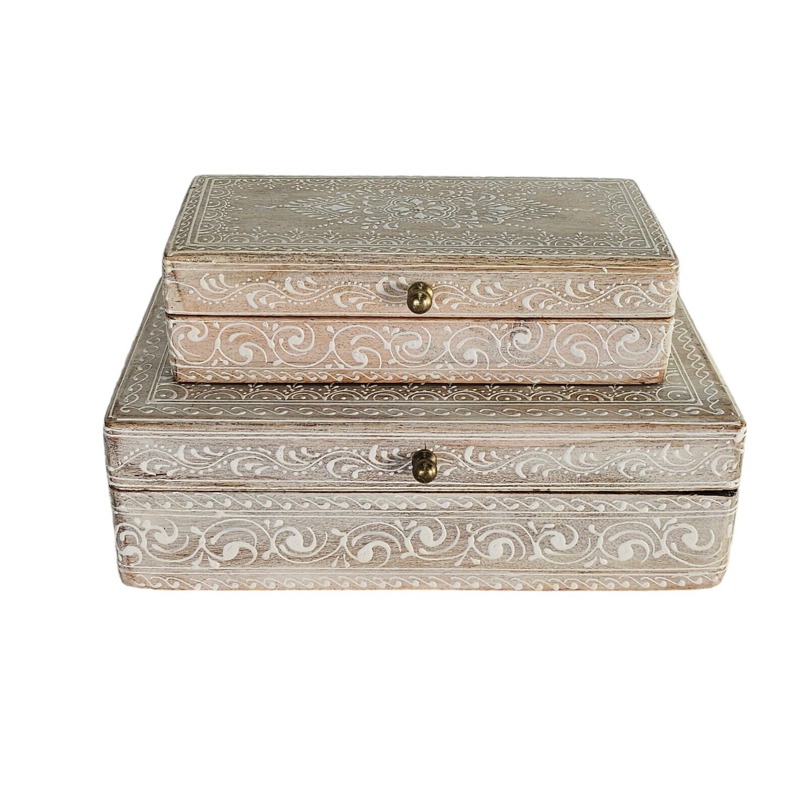 Hand Painted Wood Keepsake Box Set Bohemian White Wash India Set of (2)