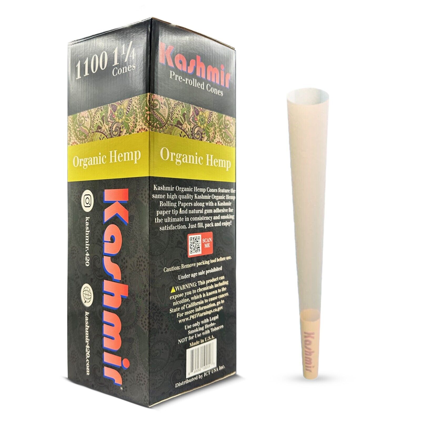 Kashmir Pre Rolled Cones 1 1/4 Bulk Organic Slow-Burning Rolling Papers: 1100 Ct