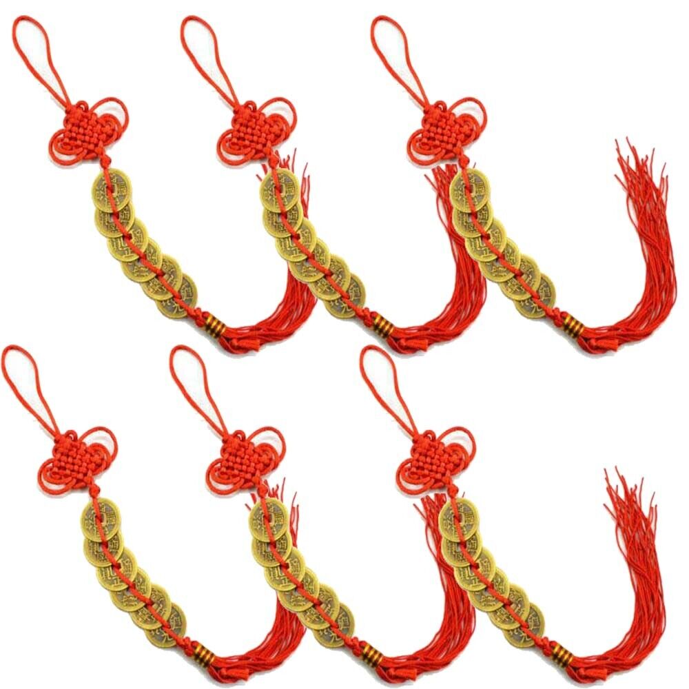 6pcs For Wealth and Good Fortune FENG SHUI Lucky Charm 5 Coins Red Chinese Knot