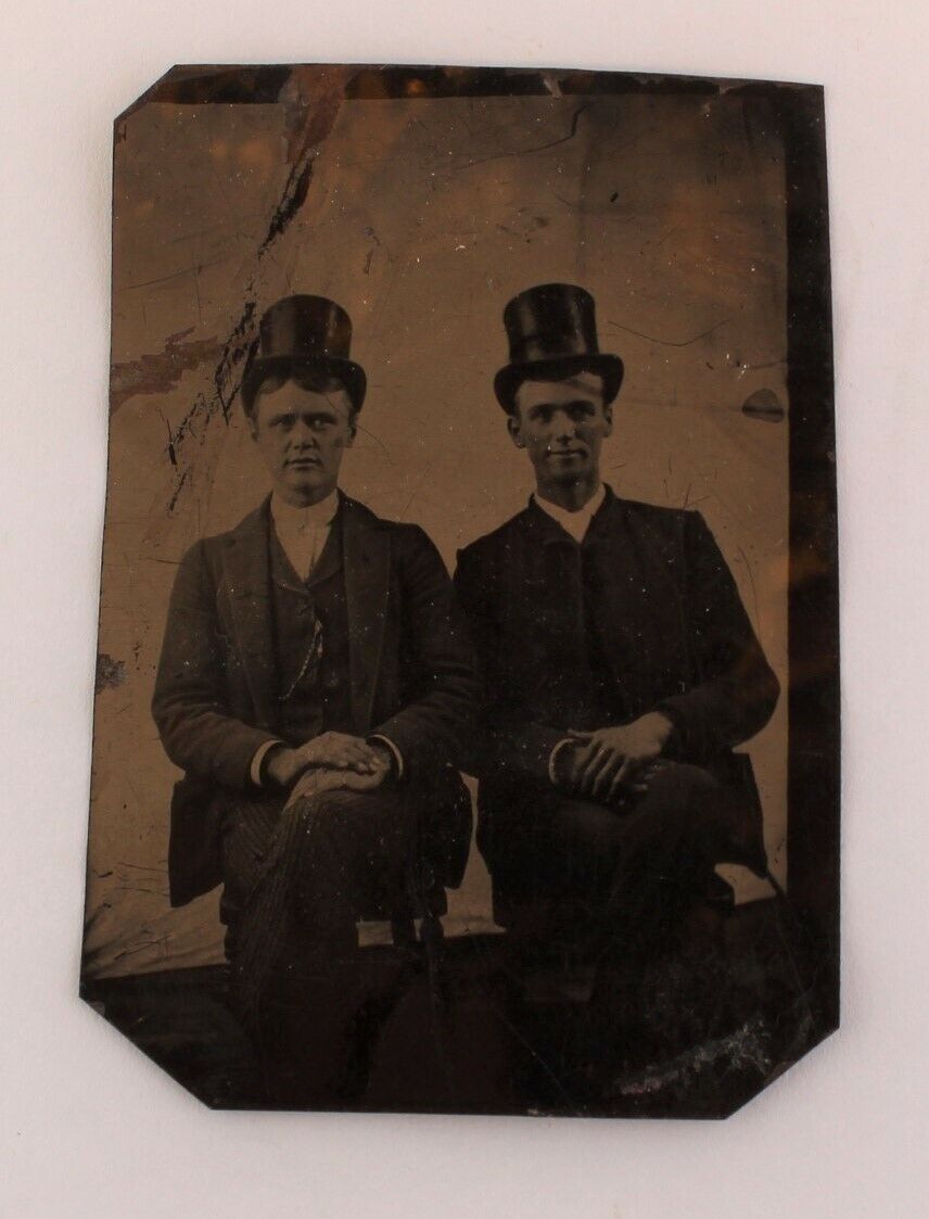 Antique Tintype Photograph 2 Handsome Men Top Hats  - 3 1/2\