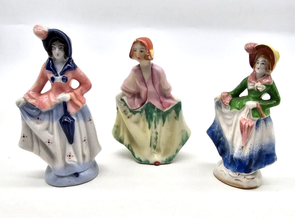 3 Vintage Occupied Japan Blue White Porcelain Victorian Women  Figurine