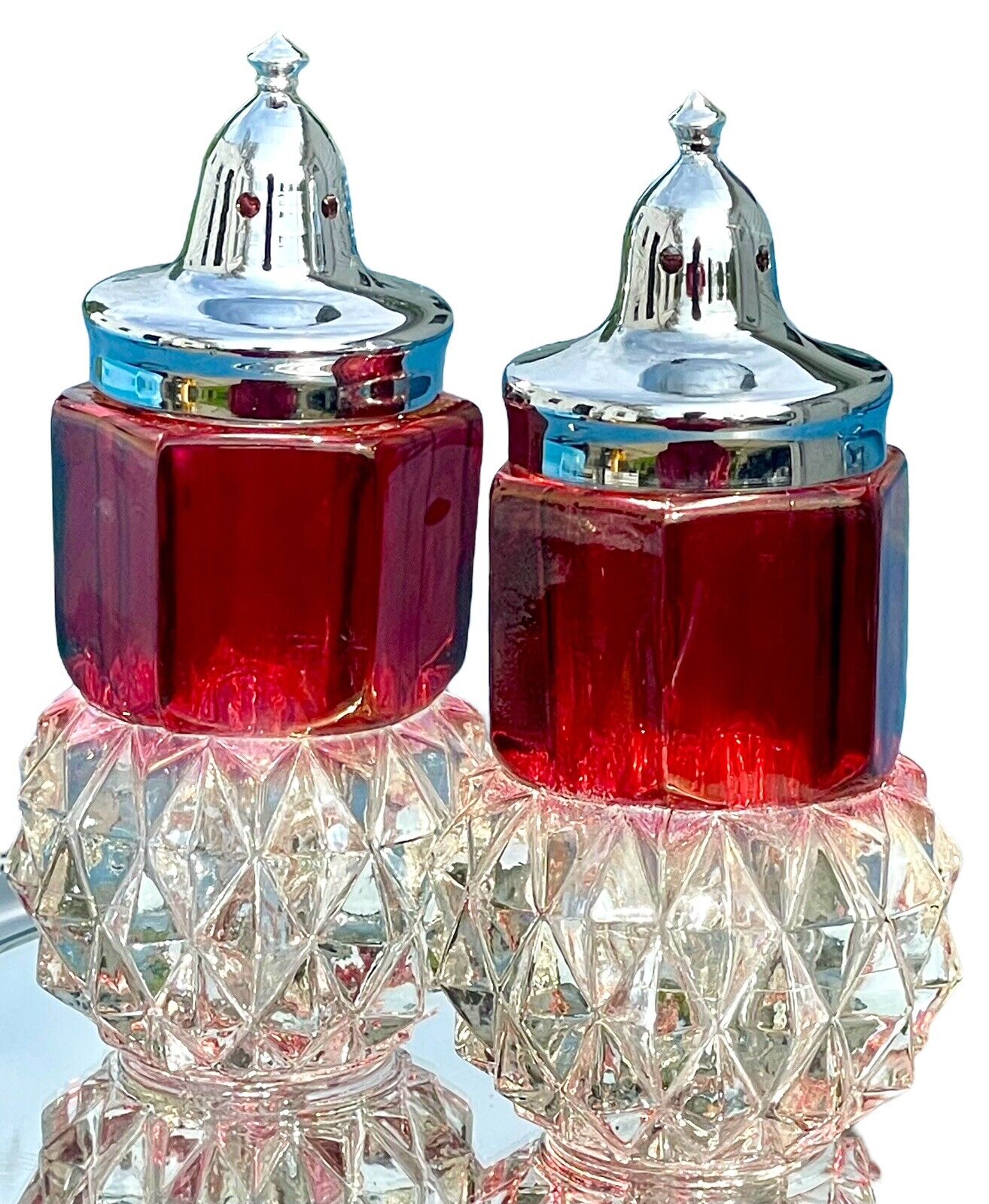 VTG Indiana Glass Ruby Red Flash Kings Crown Diamond Point Salt & Pepper Shakers