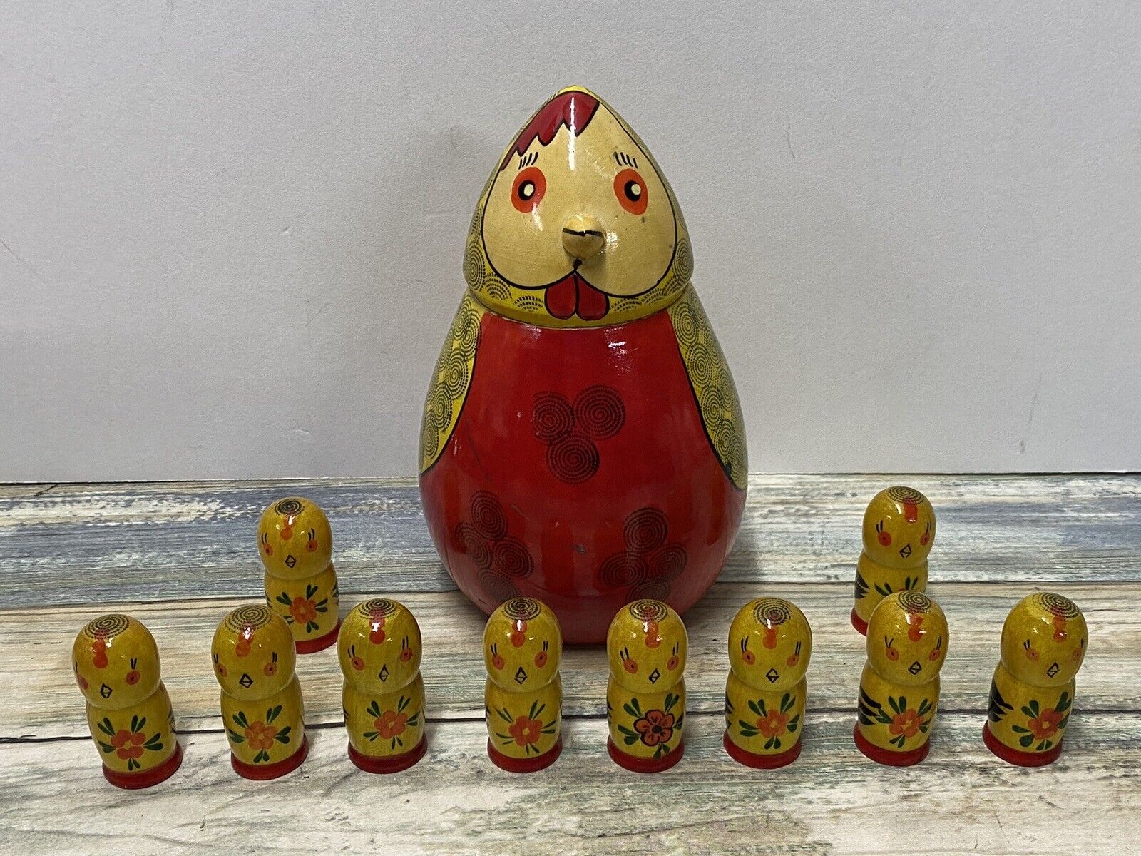 Nesting Wooden Mother Hen with Ten Babies Made In Russia 1970s Vintage