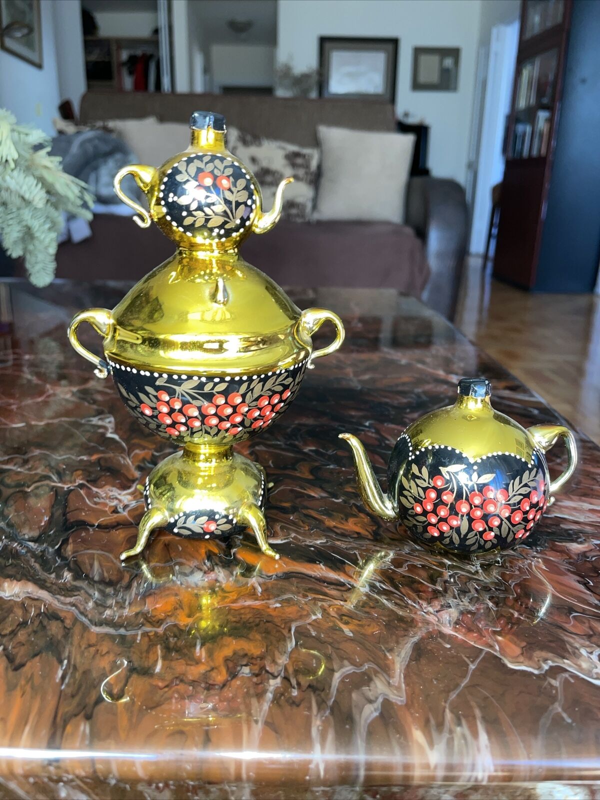 Russian Souvenir Small Painted Metal Samovar With An Additional Teapot