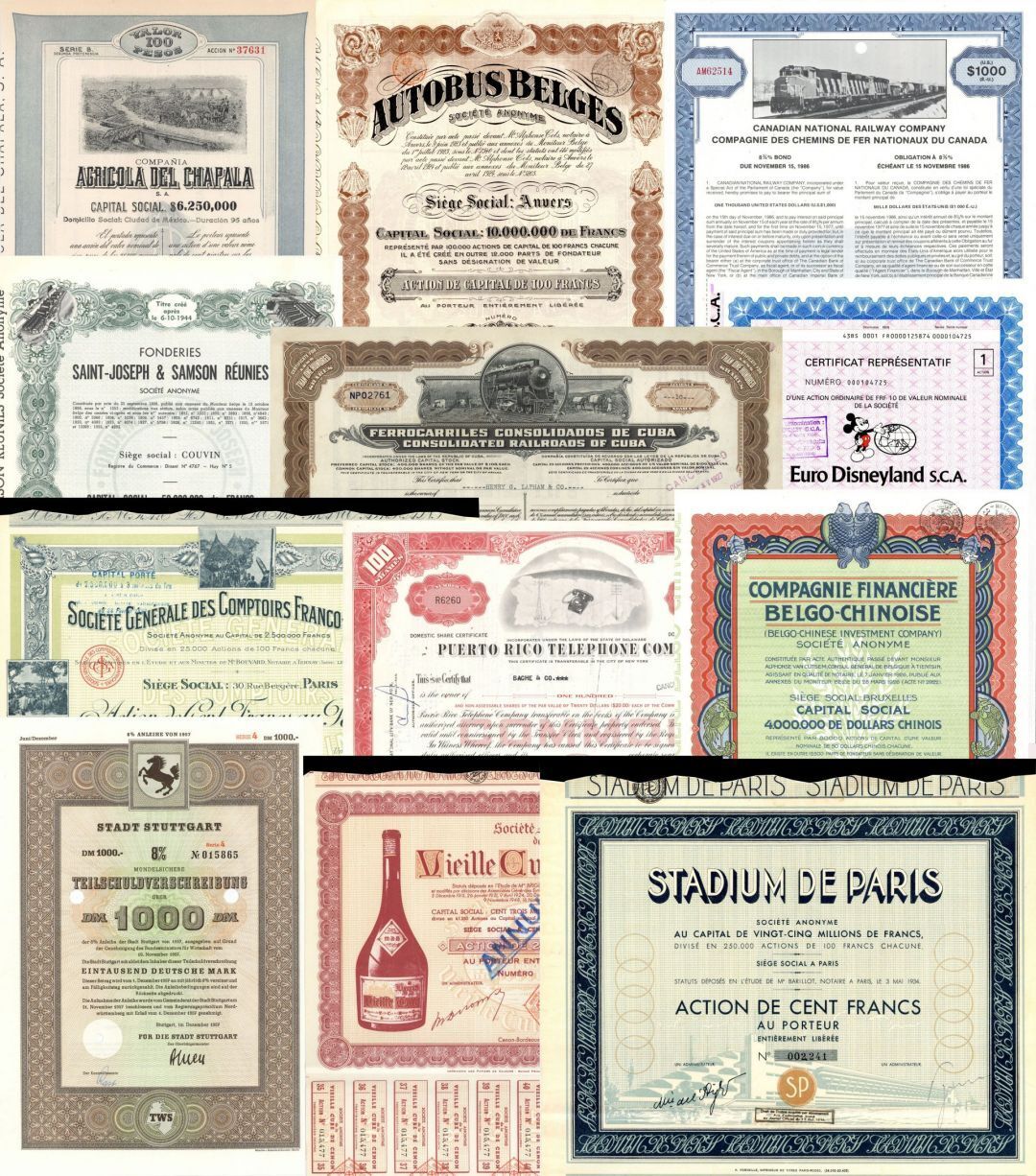 Collection of 12 Foreign Stocks & Bonds - Dated from 1911 to 1983 - All Differen