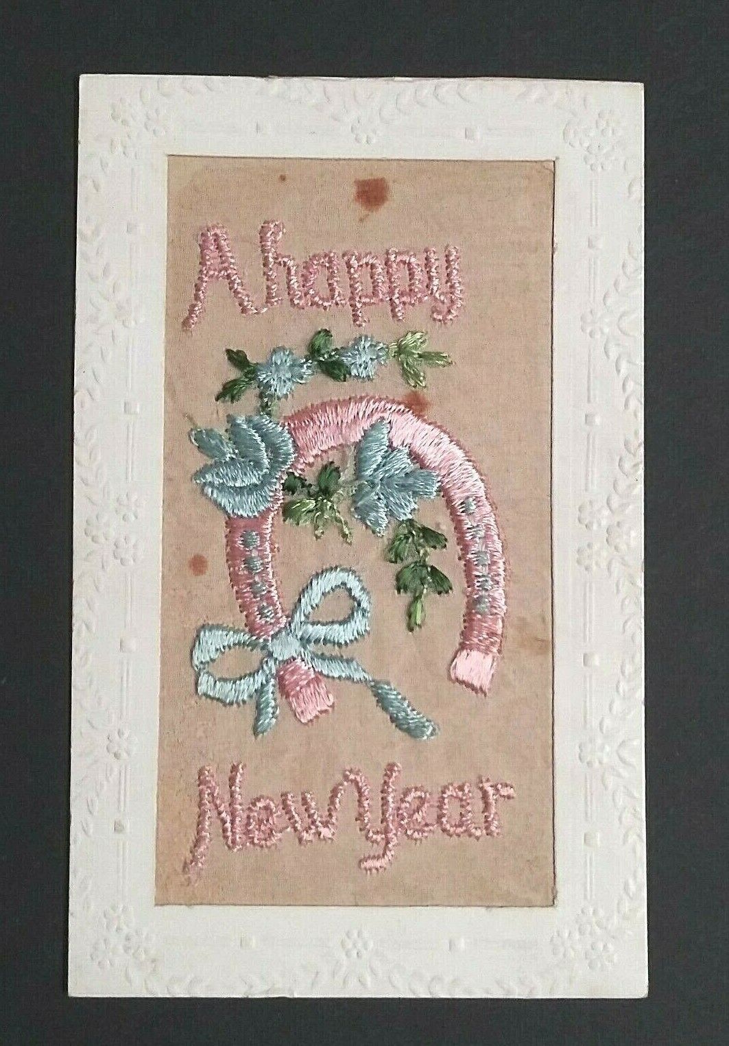 A Happy New Year Embroidered Cloth Horseshoe Antique Postcard Bleco c1910s