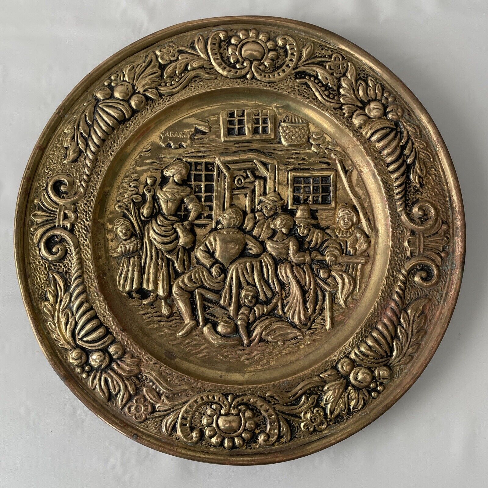 Hammered Brass Vintage Tavern Scene Wall Plate Wall Charger Repousse Plaque 15”