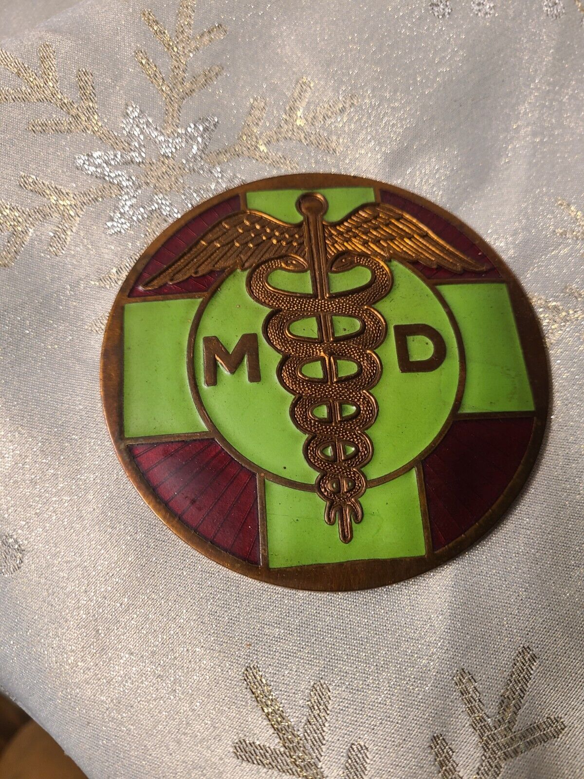 Vintage copper enameled MD (Medical Doctor) Car Grille/License Badge Emblem