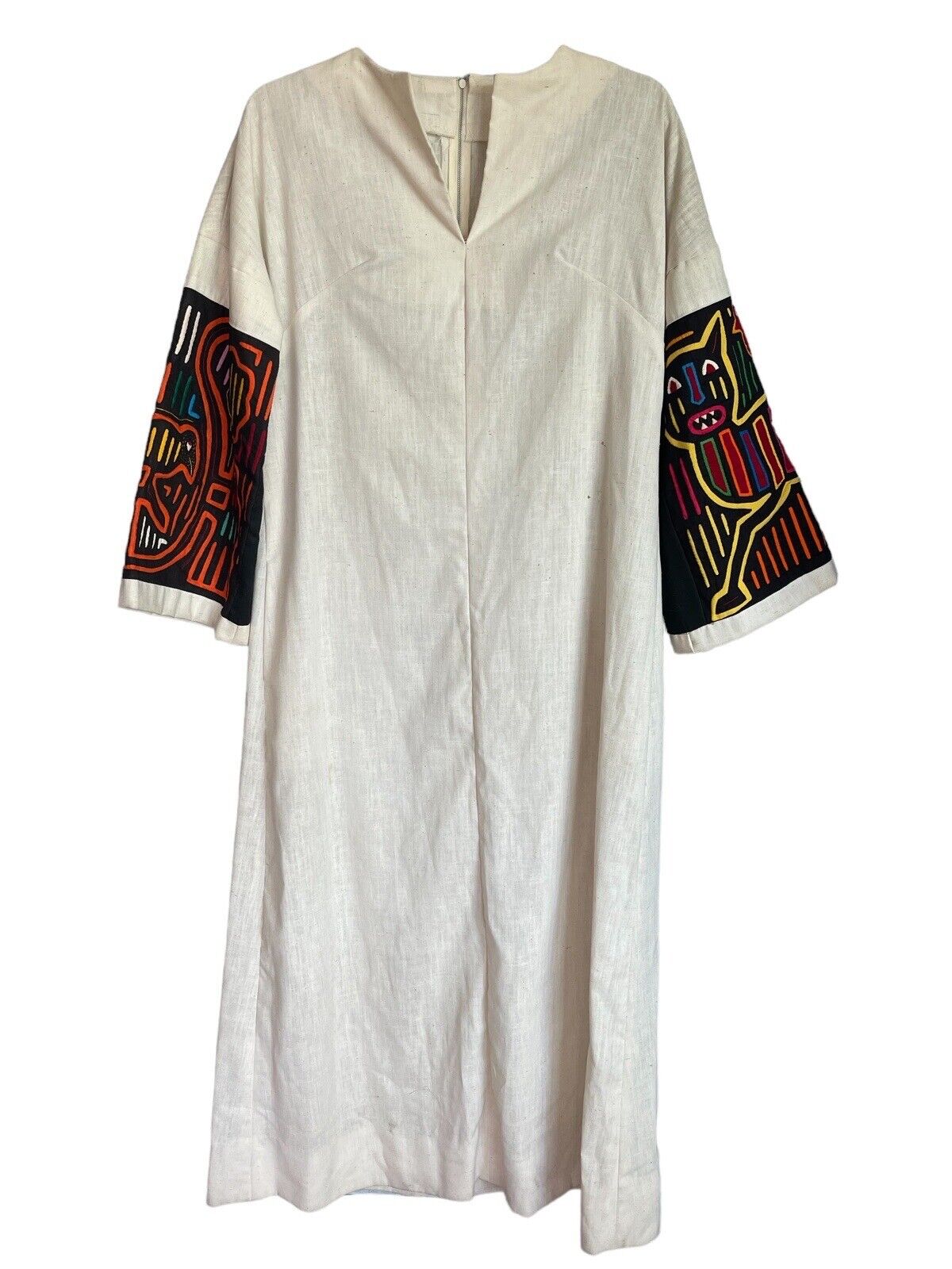 Kuna Indian Mola Dress Panama San Blas Long Cream Dress Mola Sleeves Med  READ