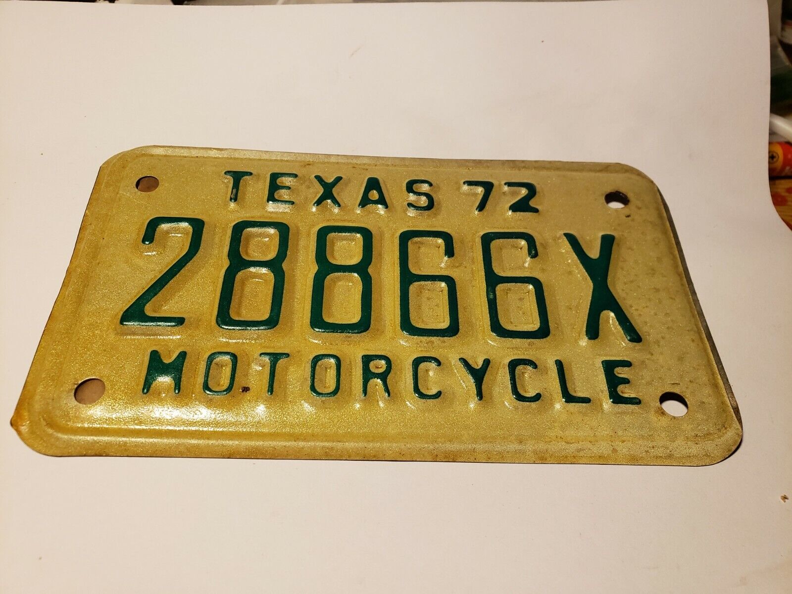 1972 TX TEXAS Motorcycle License Plate  - Green on White  NOS Harley Bike cycle