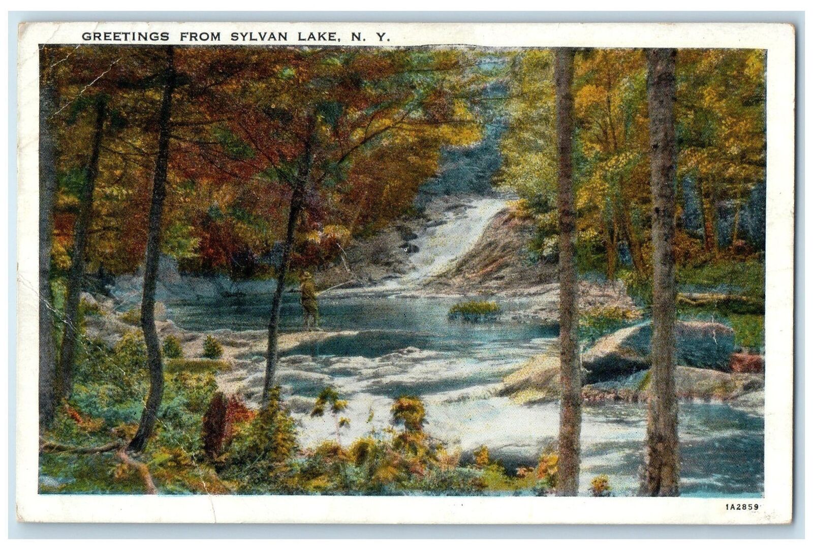 1941 Greetings From Sylvan Lake Man Fishing Trees New York NY Posted Postcard