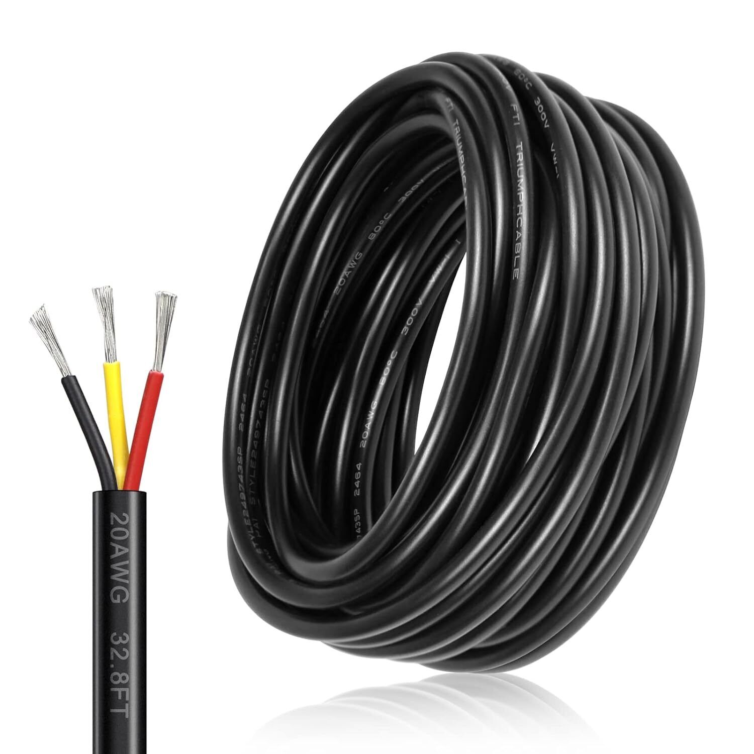 20 Gauge 3 Conductor Electrical Wire, 32.8FT Black Stranded 20/3 Low Voltage Cab