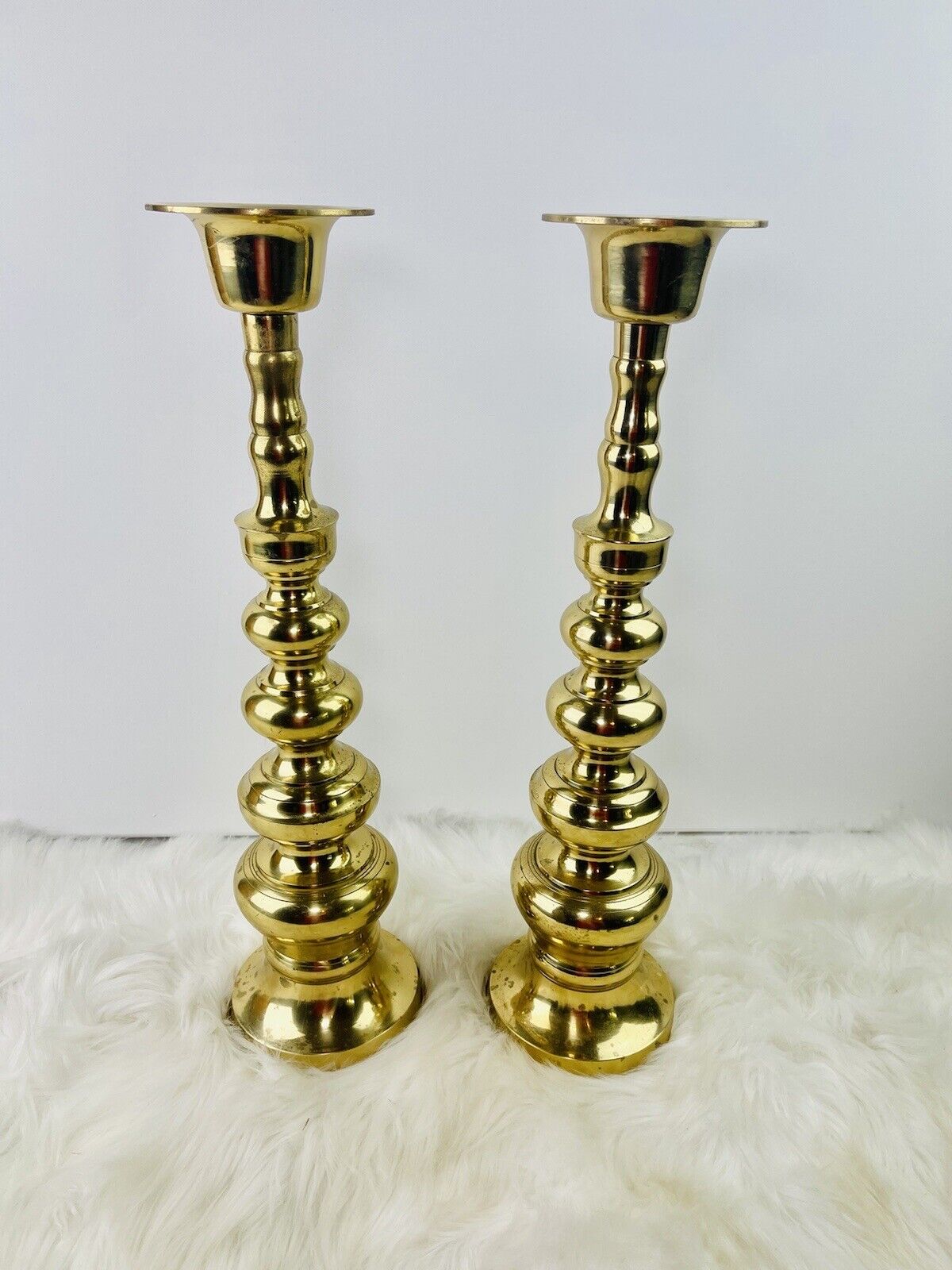 (2) Vintage Stacked Spindle Brass Candlesticks Homco Japan Mid-Century MCM 18”