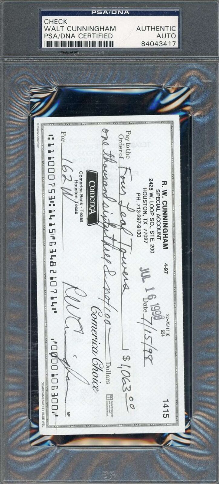Walter Walt Cunningham PSA DNA Signed 1998 Personal Check Autograph