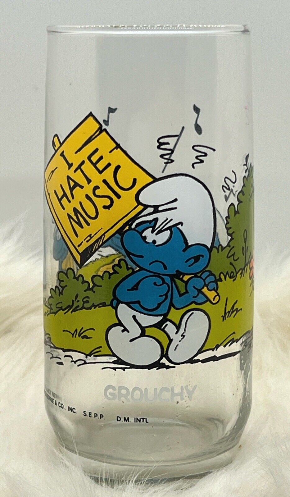 1982 Smurfs Grouchy Glass Peyo I Hate Music Drinking Glass 6\