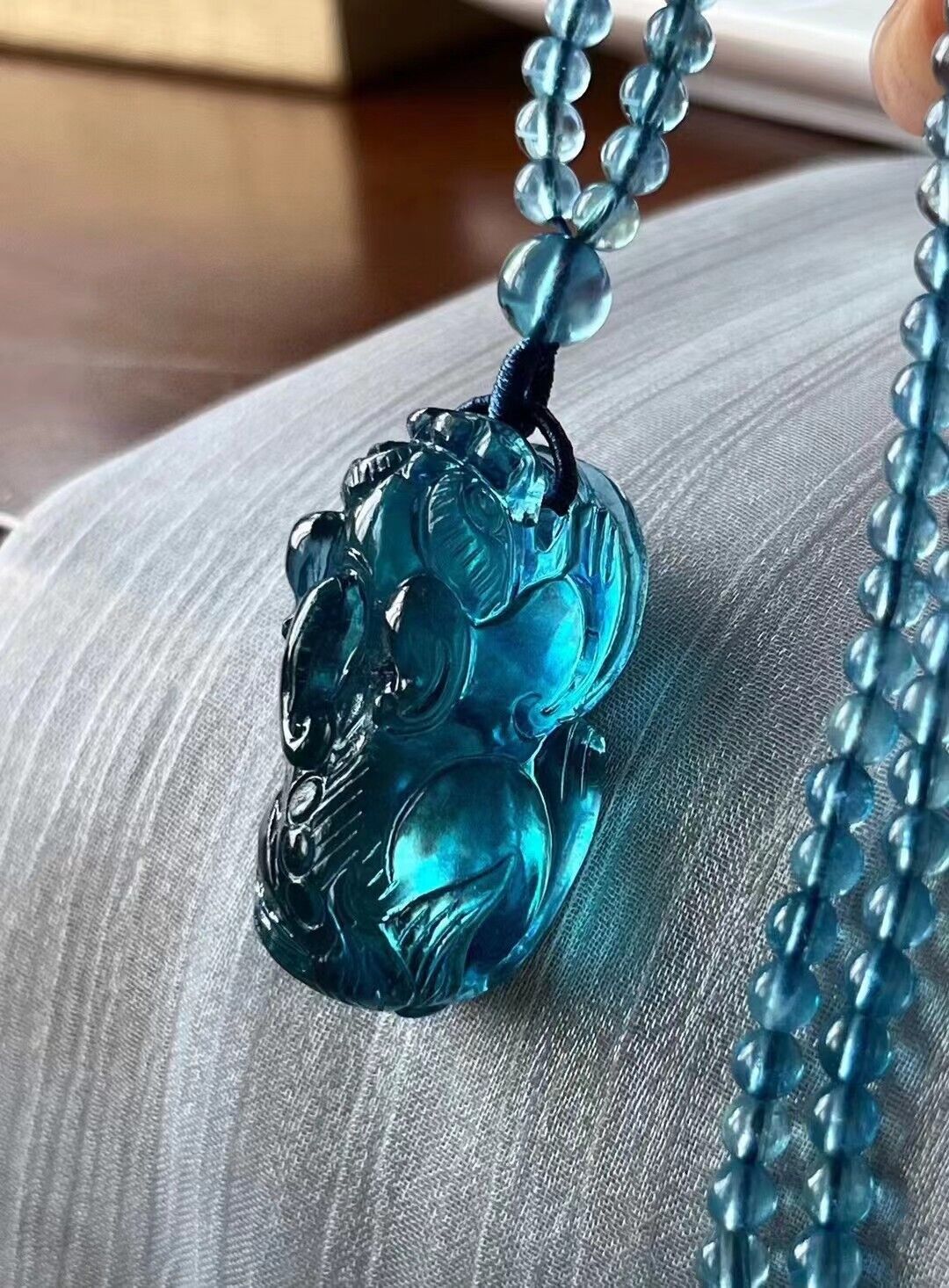 Genuine Natural  Blue Aquamarine Gemstone Crystal pixiu  Pendant 5A