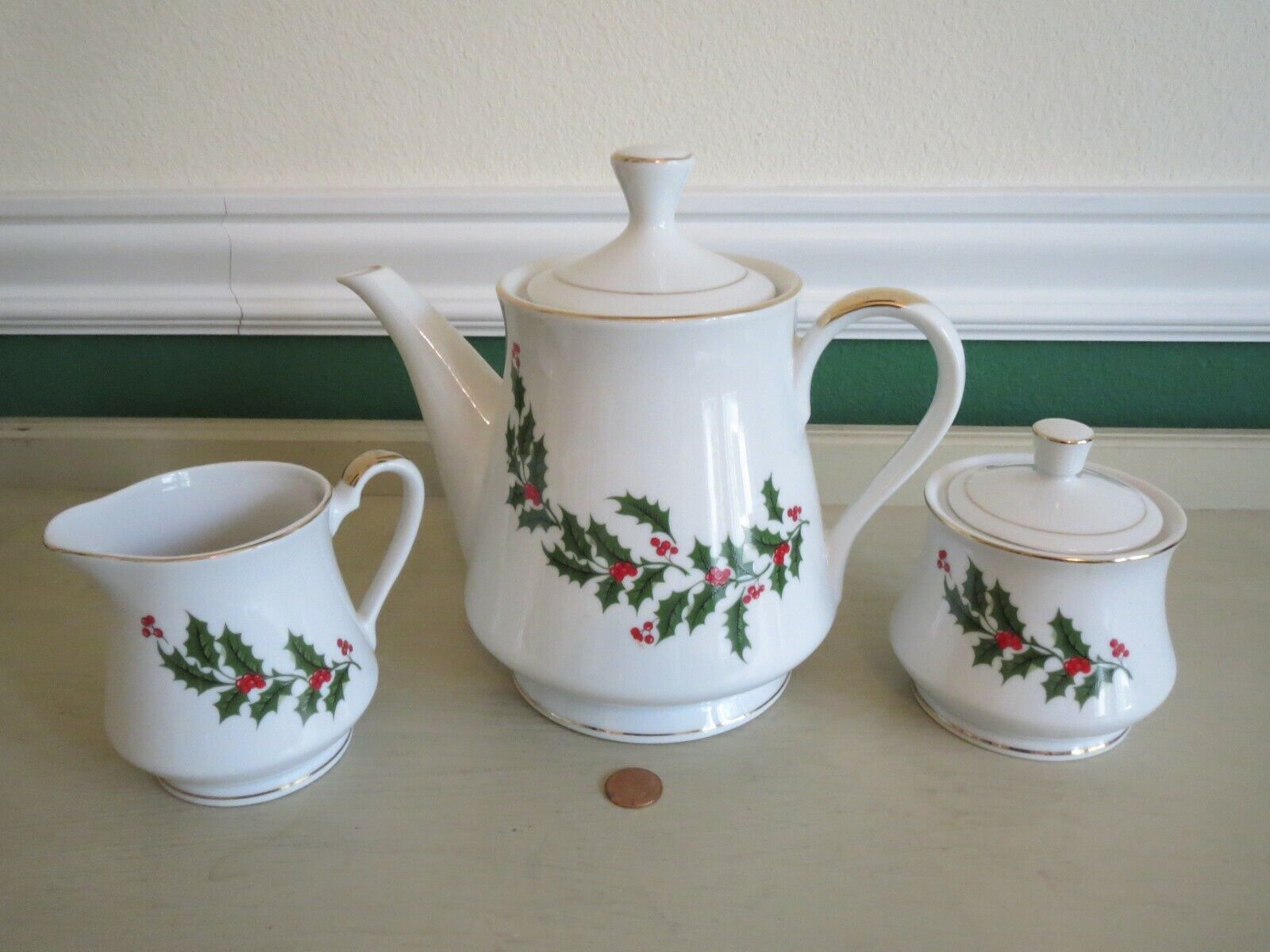 Holly Christmas Tea Coffee Pot Cream & Sugar Set Macy & Co. Vintage Porcelain