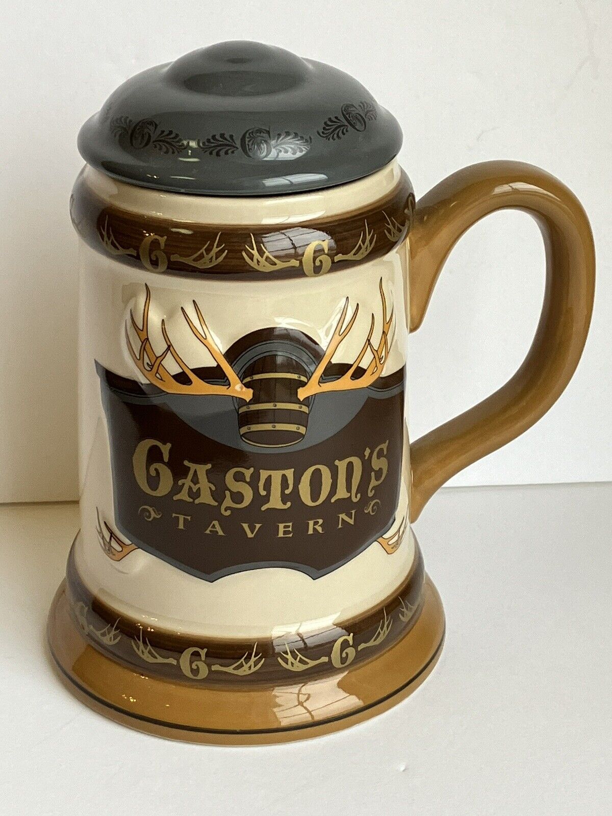 Disney Beauty and the Beast Gaston\'s Tavern Antler Ceramic Stein Mug with Lid