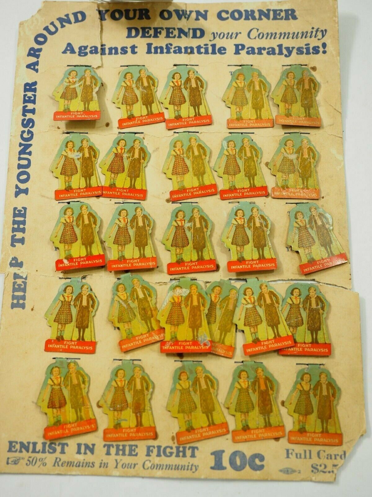 Full Card 25 Pieces Fight Infantile Paralysis tab back Litho pin C1940's