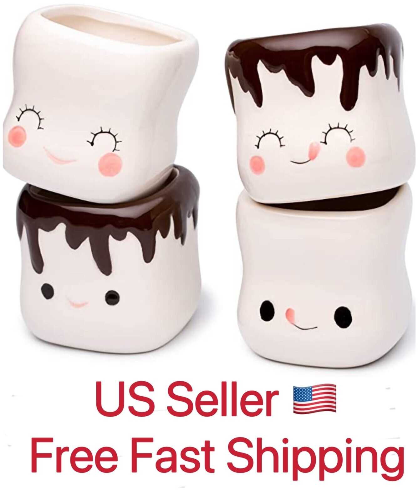 Cute Marshmallow Cartoon tea cups Set 4pc Hot Chocolate Cocoa Ceramic Mugs Gift