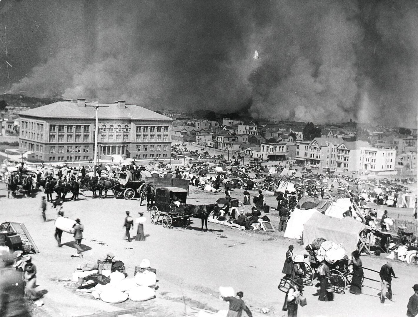 1906 SAN FRANCISCO EARTHQUAKE SMOKE,DOLORES PARK,HORSES&WAGONS,REFUGEES~NEGATIVE