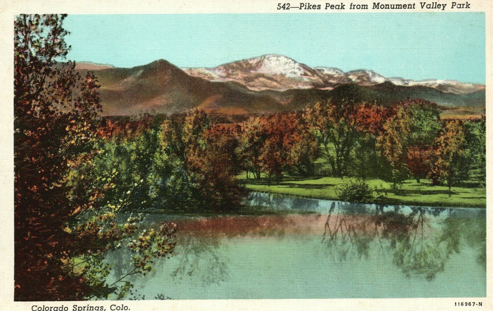 Vintage Postcard 1930\'s Pikes Peak From Monument Valley Park Colorado Springs CO