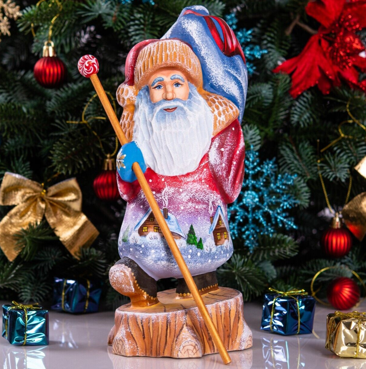 Wooden hand carved Santa Claus figurine, handmade Christmas Holiday Home Decor