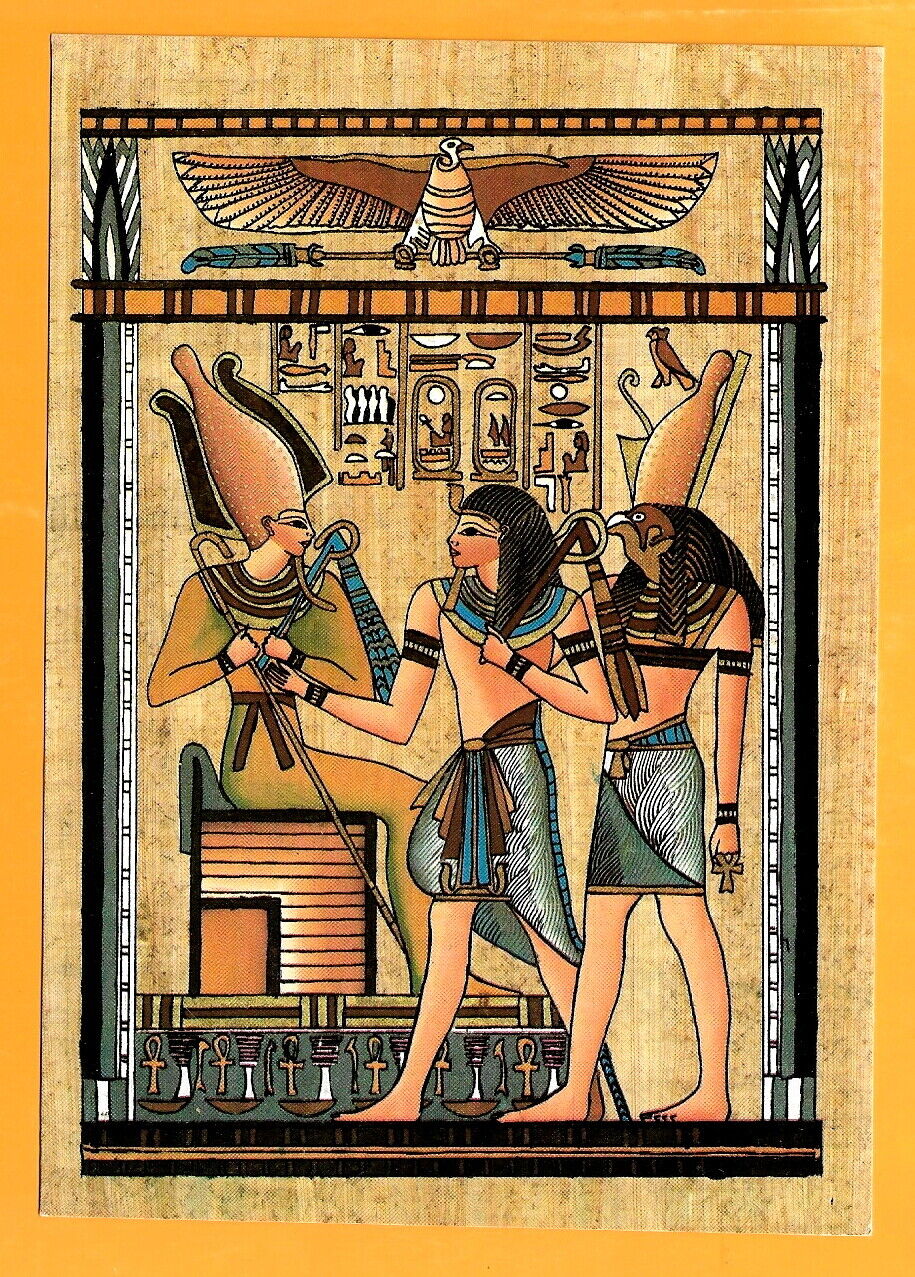 EGYPT VINTAGE POSTCARD  ABYDOS- TEMPLE KING SETI BETWEEN GOD HORUS-OSIRIS