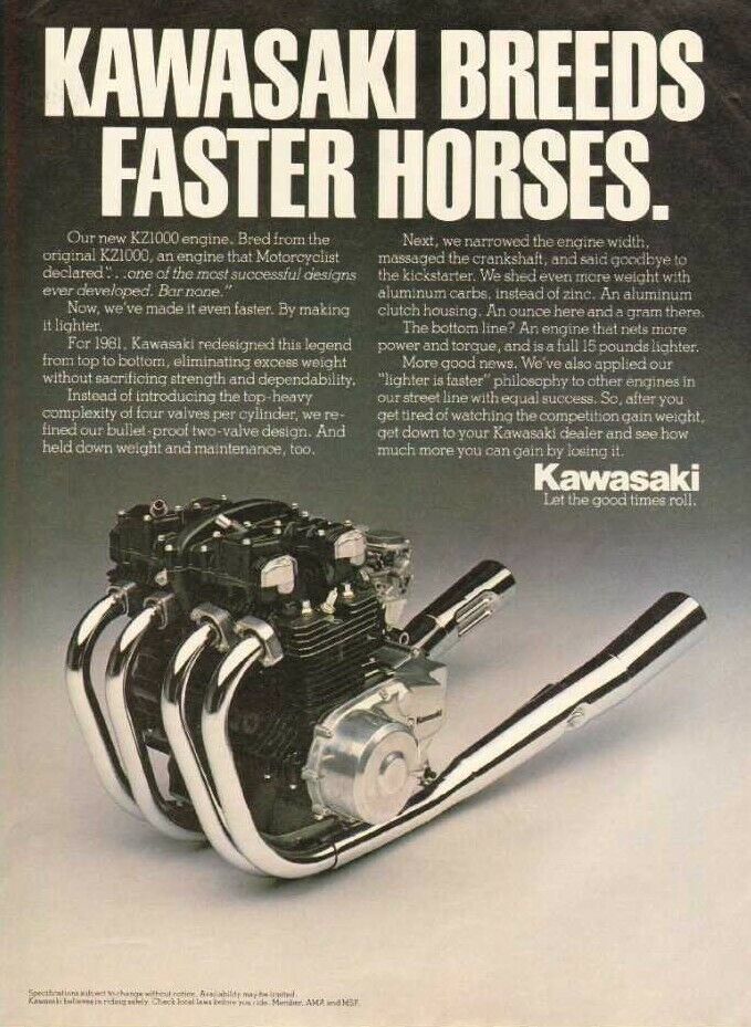 1981 Kawasaki KZ1000 Motorcycle Engine ''Faster Horses'' - Vintage Ad