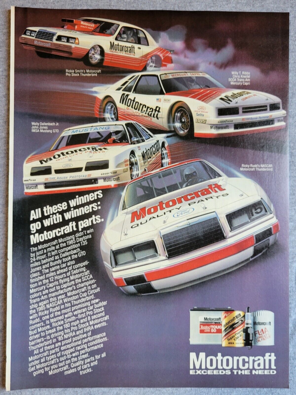 1985 Magazine Advertisement Page Ford Motorcraft Parts Race Cars Print Ad