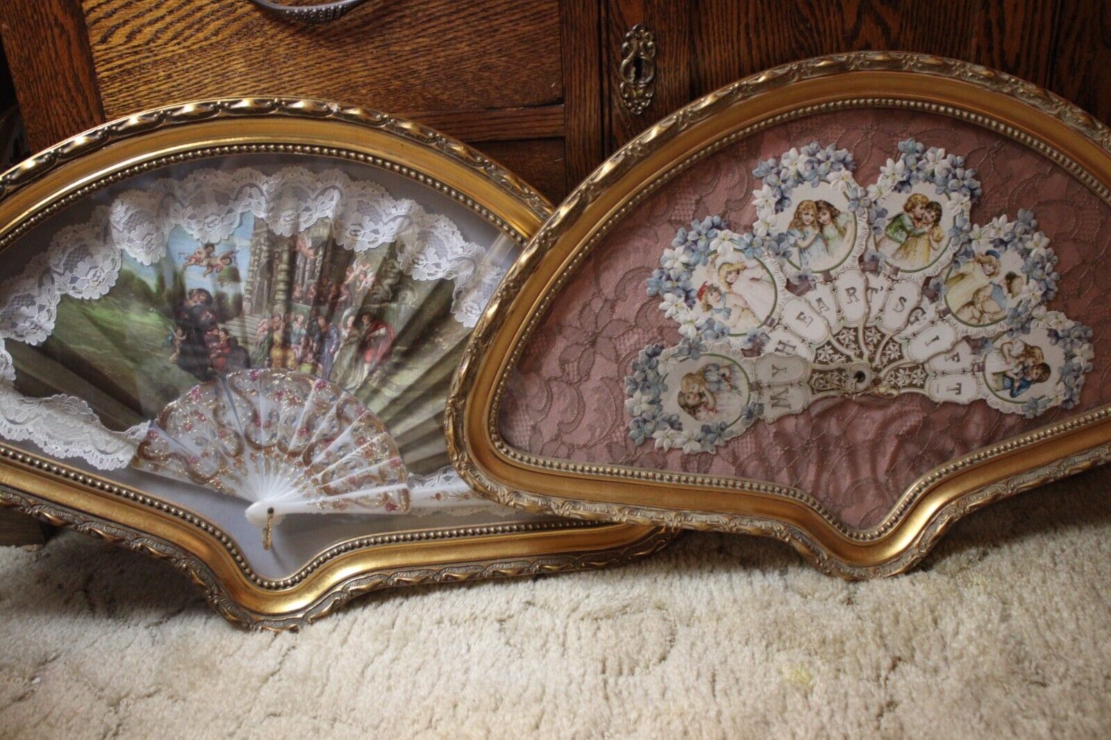 Gorgeous Pair of Victorian Fans in Golden Shadowbox Frames