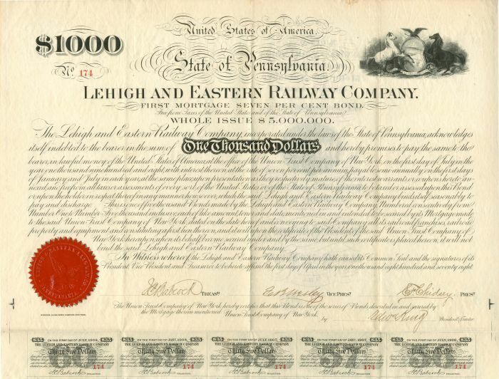 Lehigh and Eastern Railway Co. - $1,000 Bond - Railroad Bonds