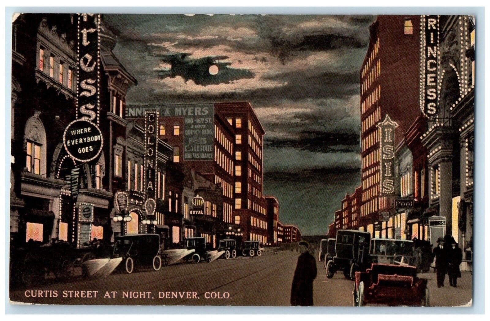 1913 Curtis Street Night Exterior Building Moon Denver Colorado Vintage Postcard