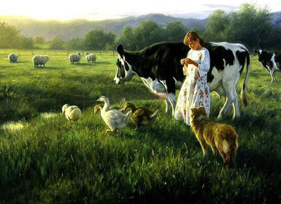 Dream-art Oil painting young shepherdess girl with sheep ducks cow dog canvas