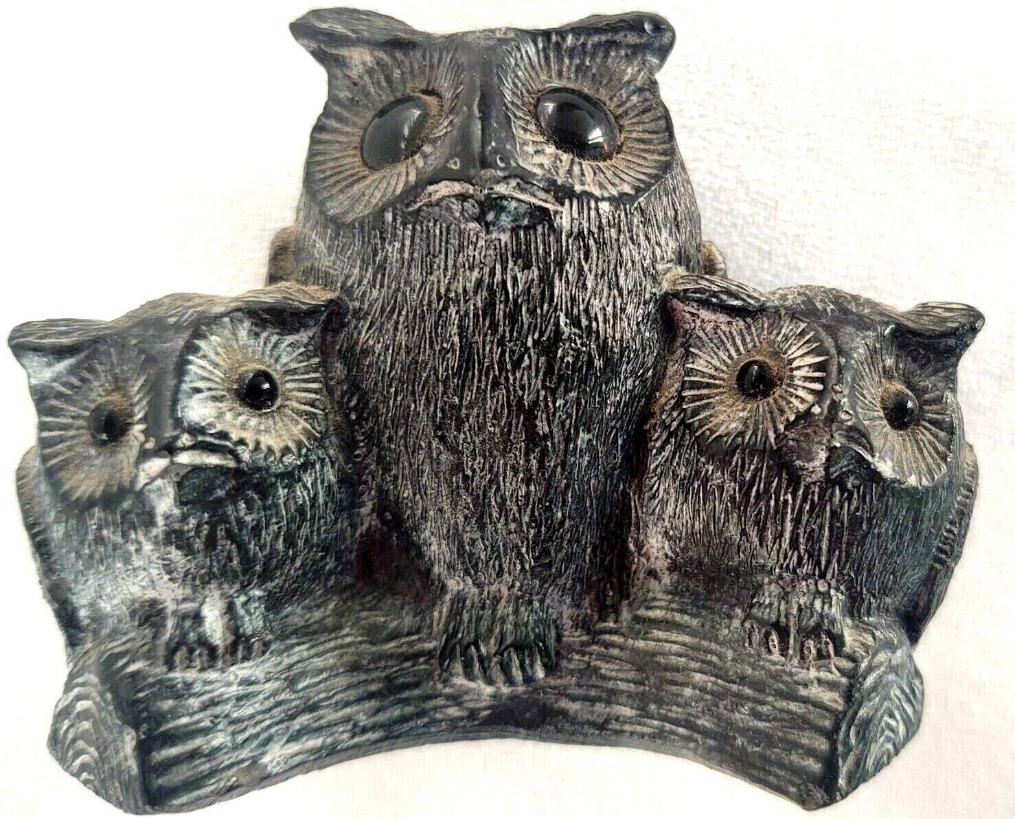 Wolf Originals Sculpture Hand Carved Soapstone Owl Family on a Log Branch   2.5