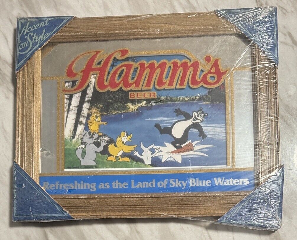 Vintage Rare New Sealed Hamm\'s Beer Glass Mirror Sign Hamms Bear & Friends 15x19