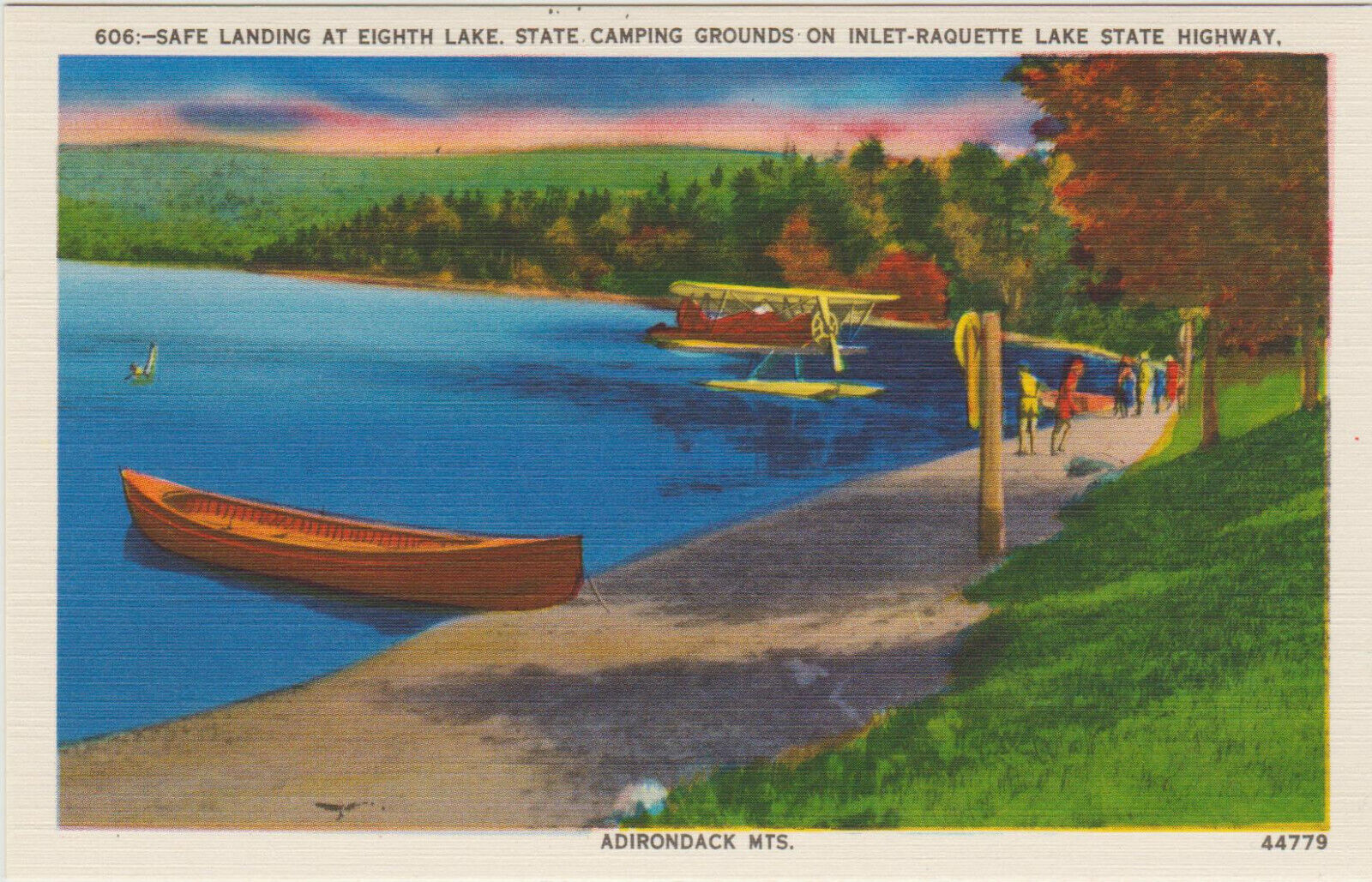 Adirondack Mountains, NY Postcard Sea Plane & Canoe Raquette Lake Vintage Linen
