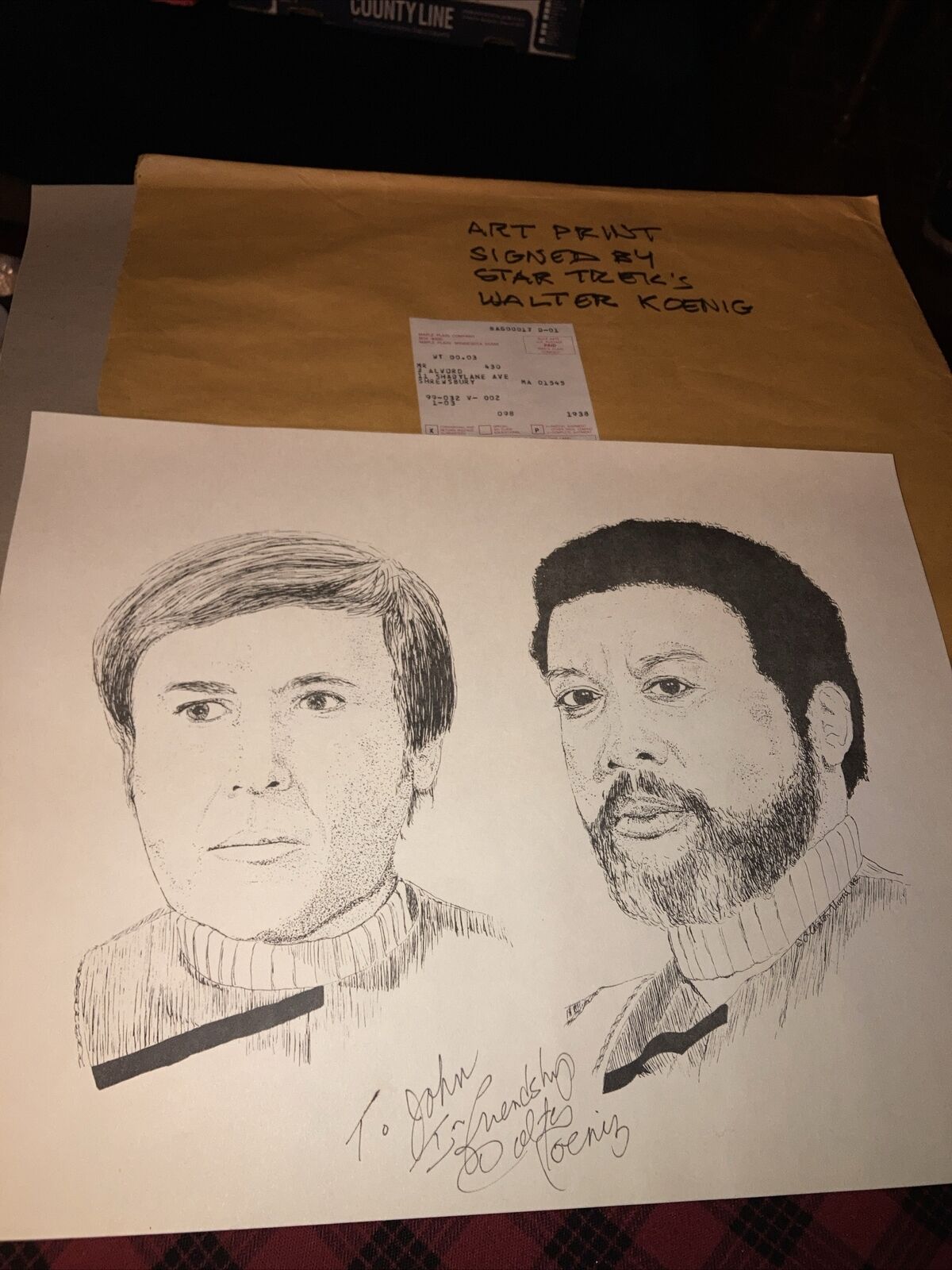 Star Trek’s Walter Koenig Hand Signed Sketch -14”x11” “To John to Friendship ”