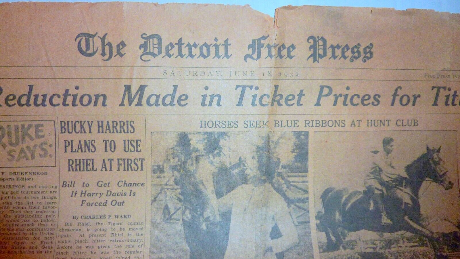 Detroit Free Press  June 8, 1932    Horse Racing, Interesting Stories + Funnies
