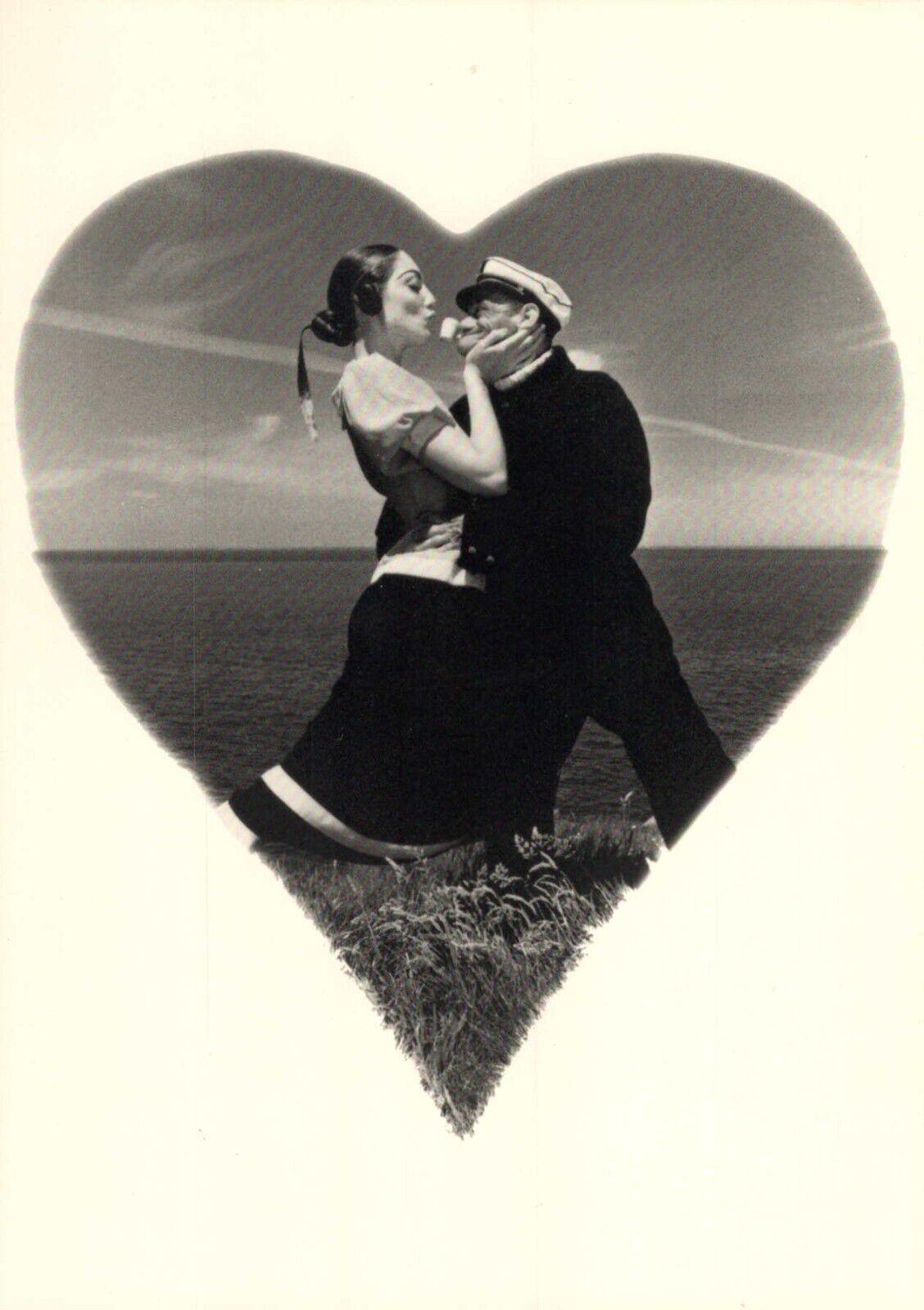 Robin Williams Popeye Kissing Shelley Duvall Olive Oyl in Heart Vintage Postcard