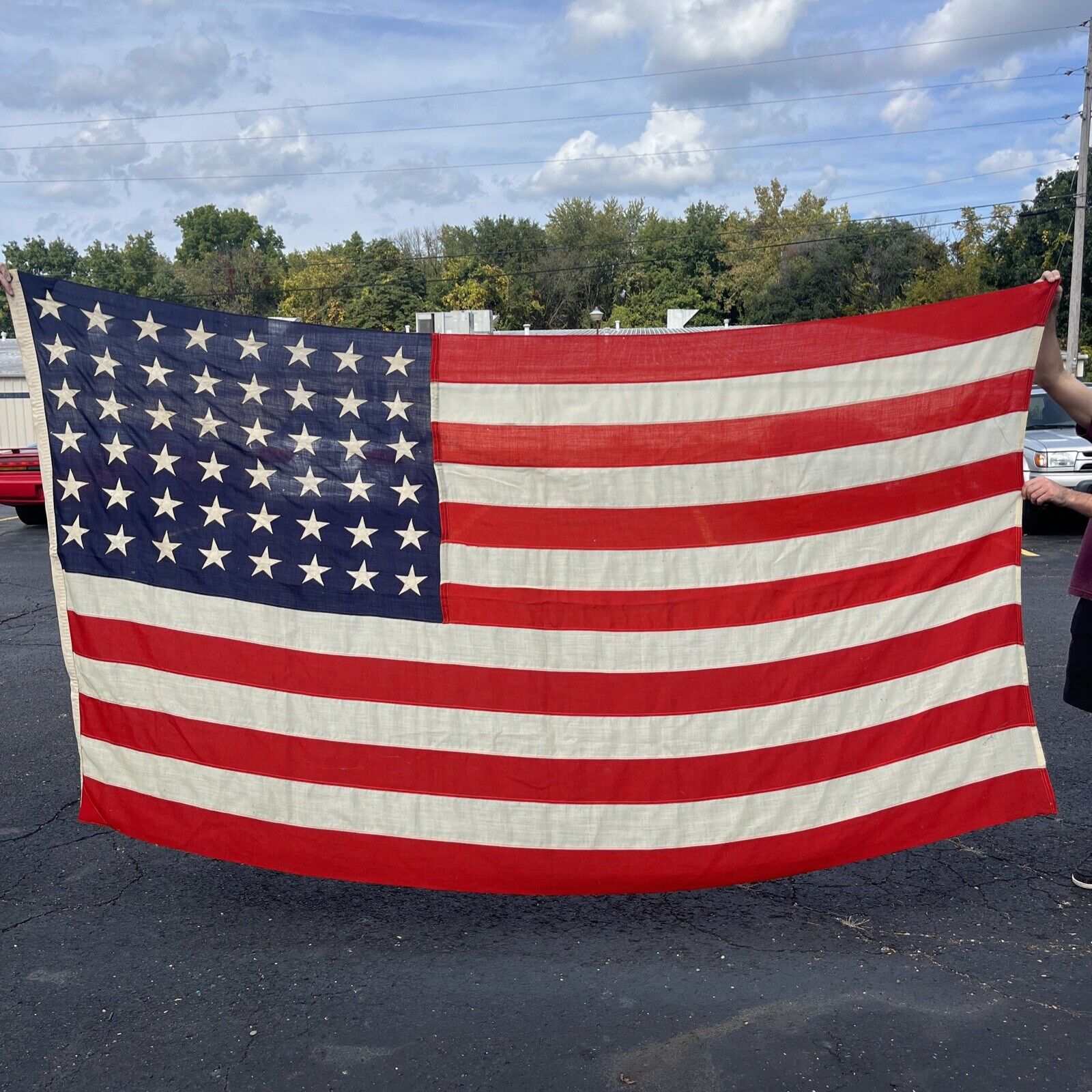 Antique 48 Star American Flag 9’x5’ Linen Sewn WWI WWII ERA VTG RARE