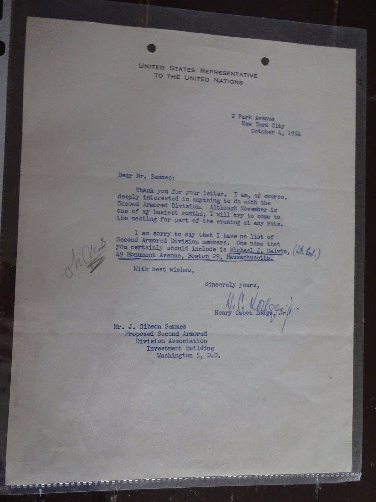 Henry Cabot Lodge, Jr/United Nations Rep. TYPED Letter - October 4, 1954