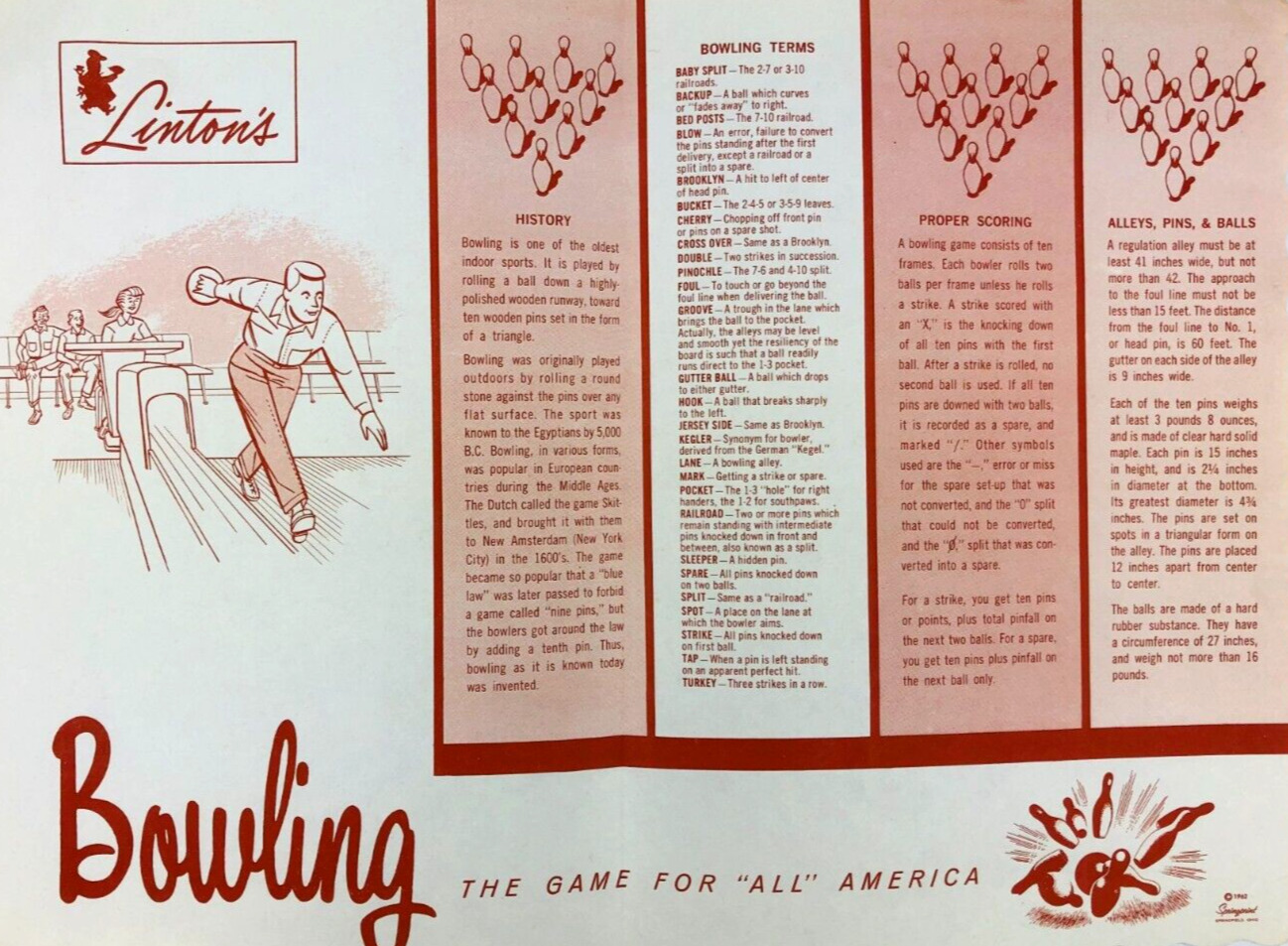 Linton\'s 1962 Vintage Paper Placemat Bowling Facts Diner Restaurant Sport  *PL8